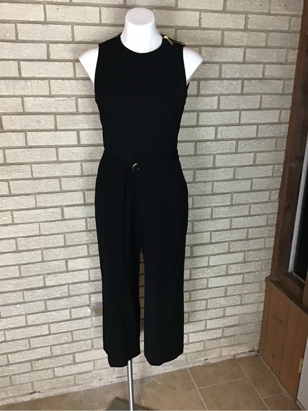 Michael Kors Sleeveless Black Belted Wide-Leg Jumpsuit with Gold Detail